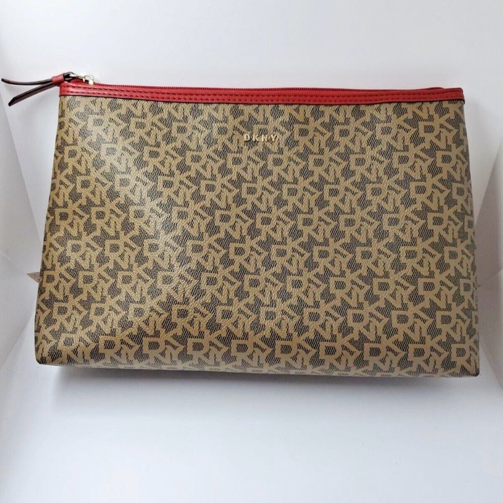 DKNY Tan and Red Patterned Pouch